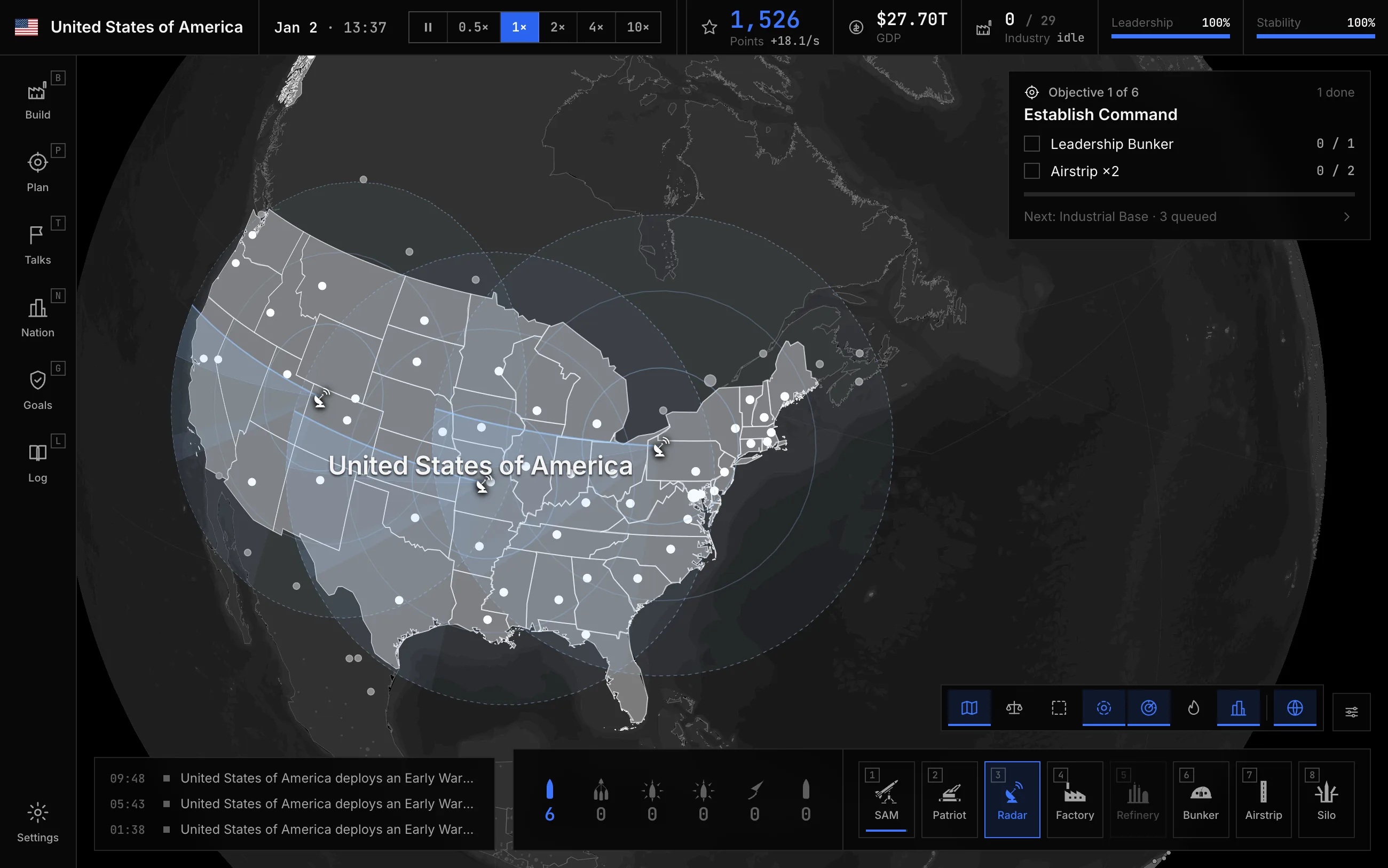 DomeBreak console showing radar coverage over North America