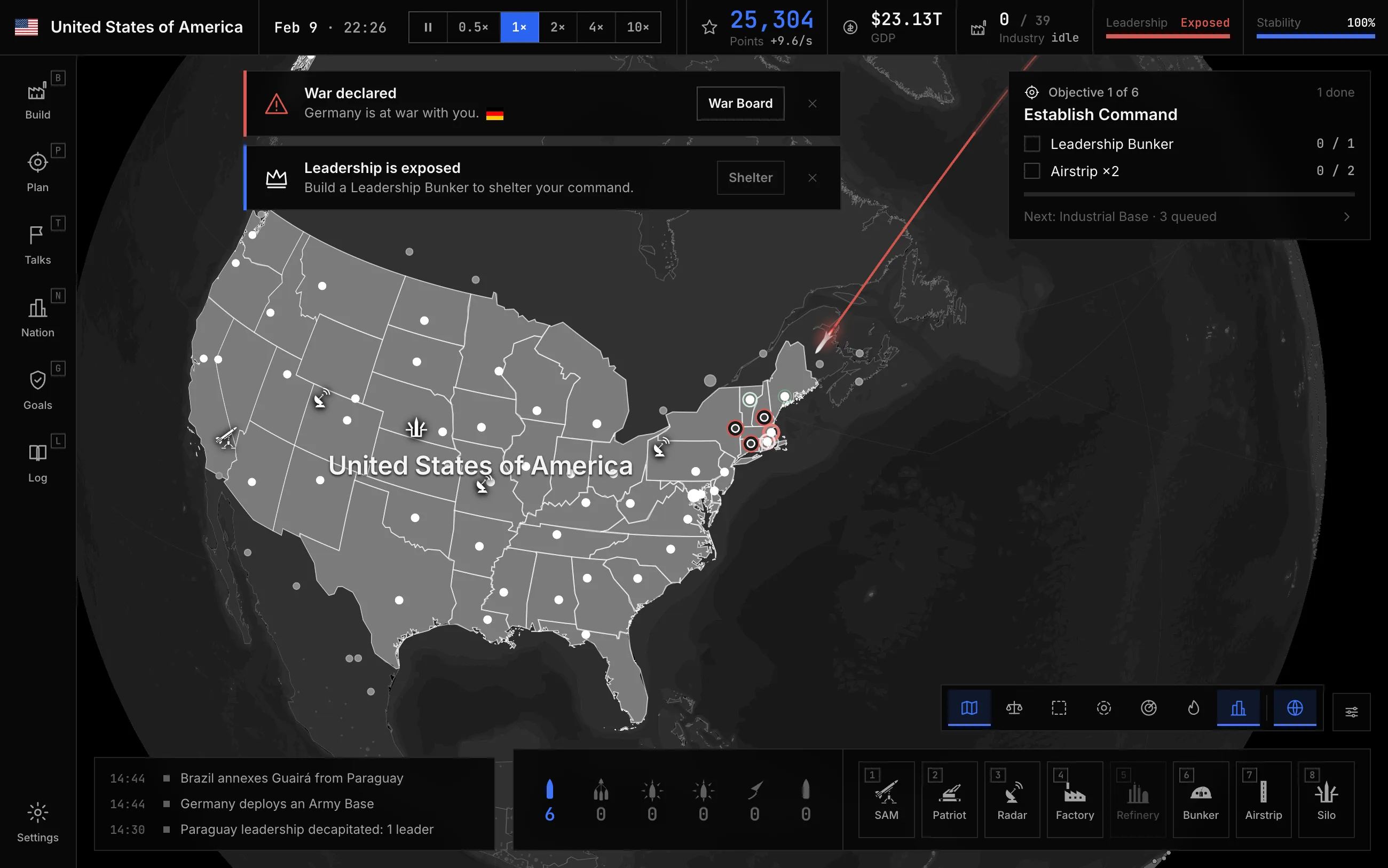 DomeBreak console at war, a missile inbound on New England while the status strip tracks GDP